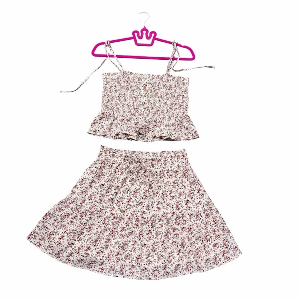 Paper Crane Floral Cottagecore Two Piece Set Smocked Tie Strap Skirt Set M